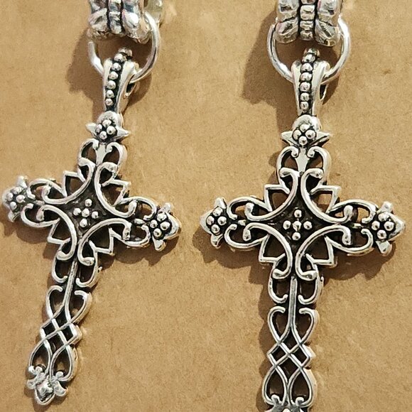 Ornate Baroque / Gothic Silver Tone Cross Earrings - Picture 5 of 7